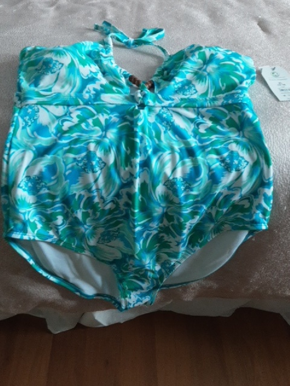 Time and Tru Turquoise and White Floral One-Piece Swimsuit, Size XL (16-18).